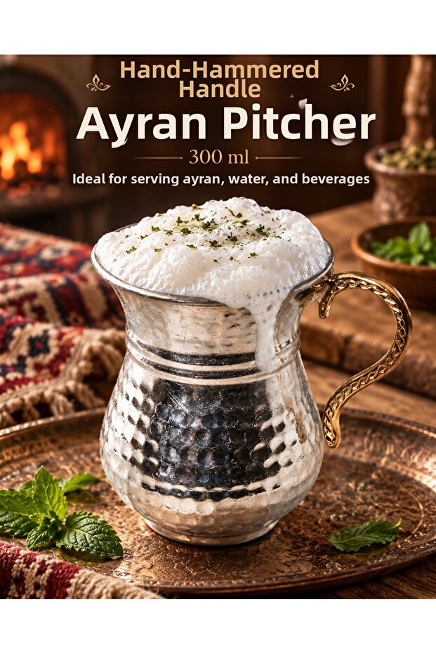 Hand-Embossed Ayran Cup with Handle 300 ml Water Soft Drink Presentation Cup Silver Color