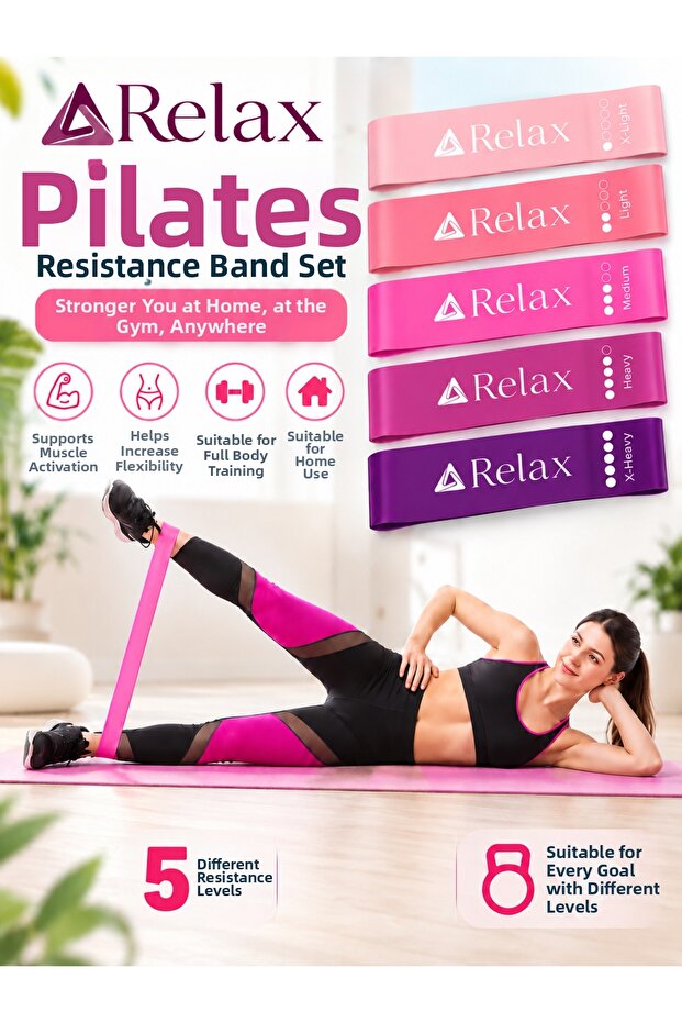 5-Level Pilates Resistance Band Set – from Light to X-Heavy, Fitness, Stretching, and Full Body Workout Band