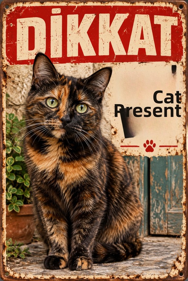 Caution There Is a Cat Tortoiseshell Turtle Shell Cat Retro Metal Wall Sign 15X20 cm