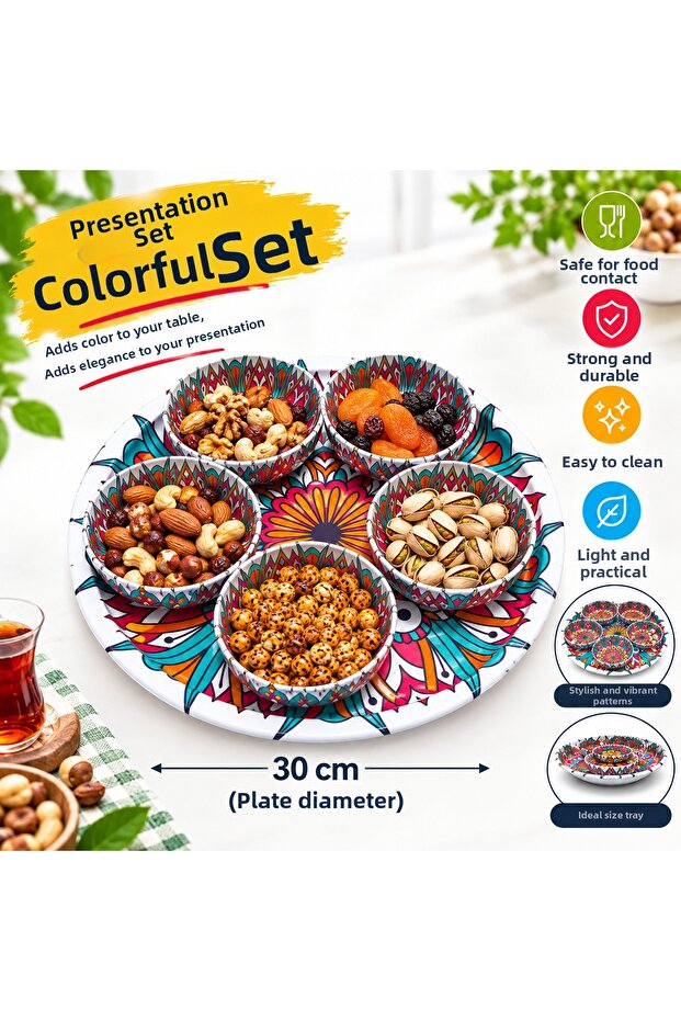 Authentic Patterned 6-Piece Presentation Set: 5 Snack Bowls, Sauce Bowls - 1 Oval Presentation Tray