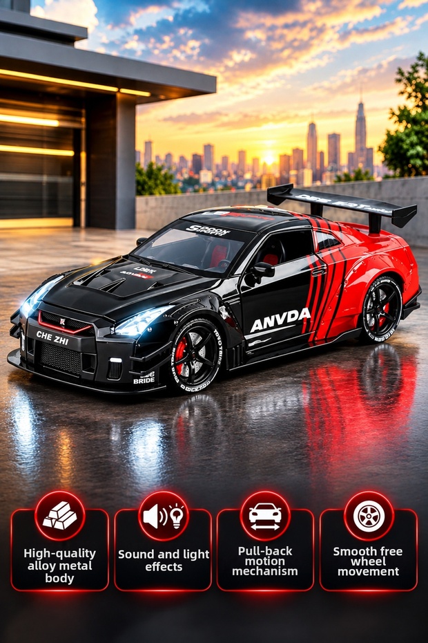 1/24 Scale Nissan Skyline Gtr R34 Diecast Car |   Alloy Sports Car Model with Sound, Light, and Pull-Back Function