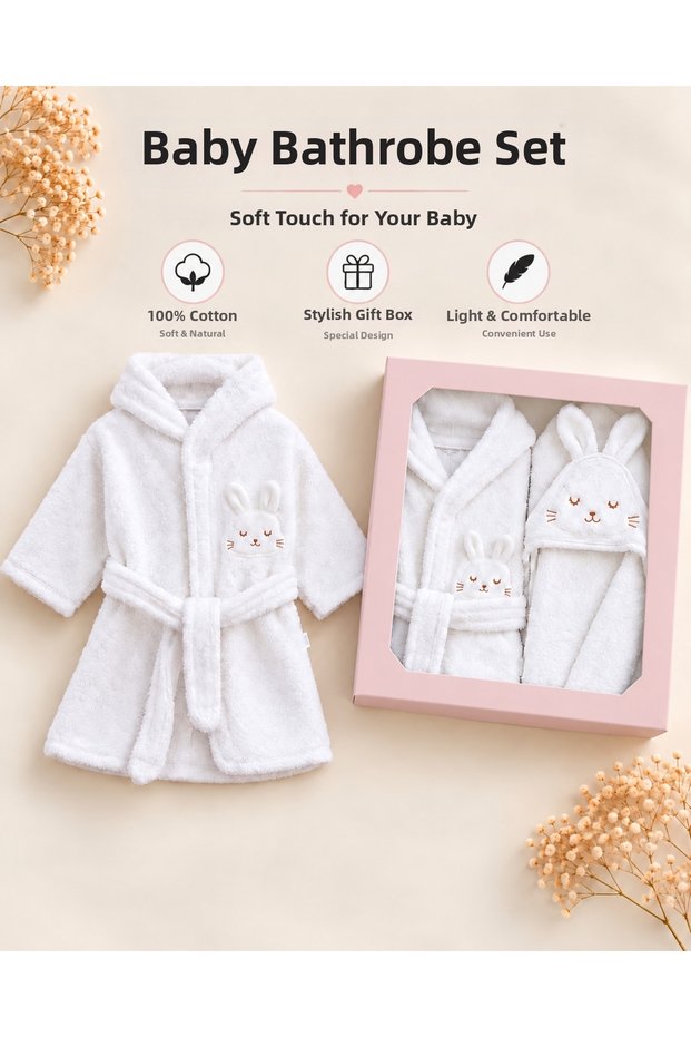 100% Cotton Ecru Rabbit Baby Girl Bathrobe Set / Premium Quality Baby Girl Bathrobe Set / Gift Newborn Bathrobe Set