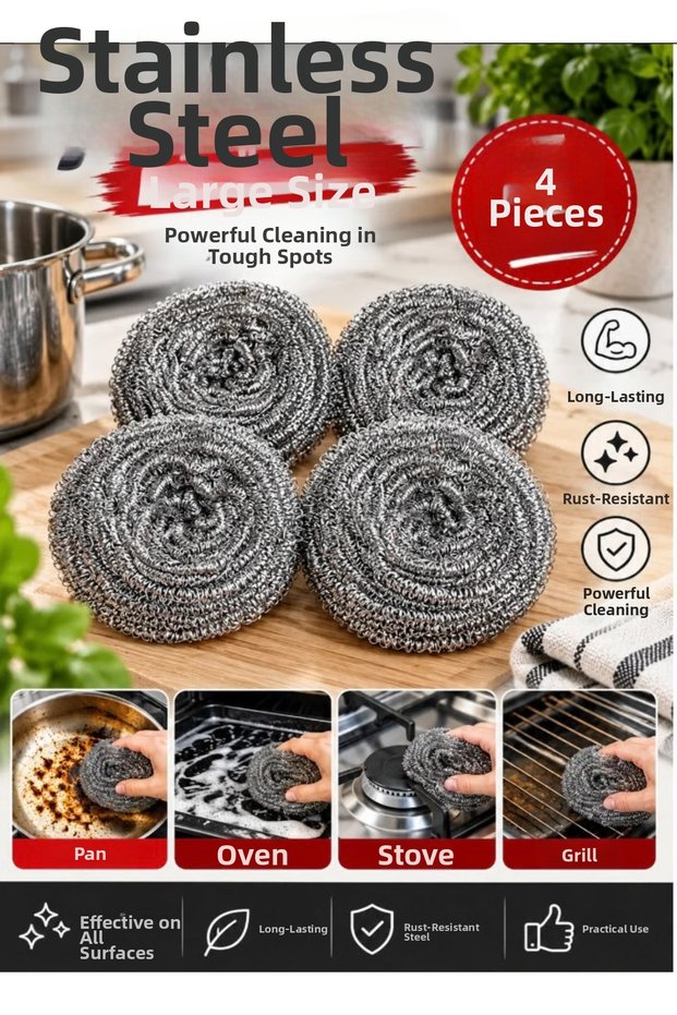 Stainless Steel Dish Scrubbing Wire Large Size 4 Pieces