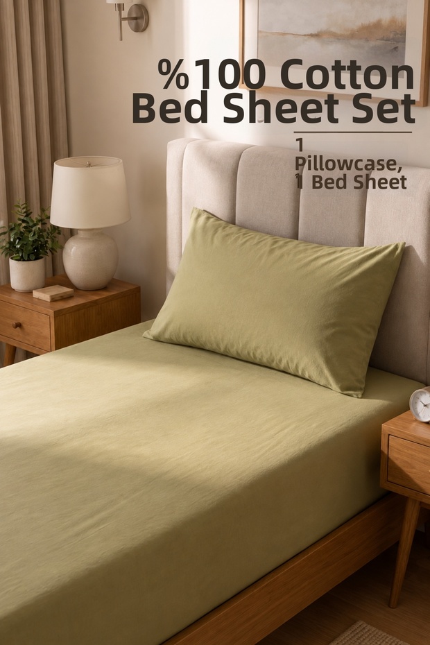 Single Cotton Combed Breathable Fabric Elastic Bed Sheet 1 Piece Pillowcase Gift Green