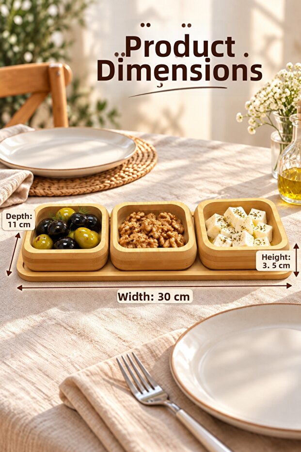 Bamboo Trio 3-Piece Square Presentation Bowl Set with Tray – Breakfast, Snack, and Sauce Bowls 30 × 11 cm