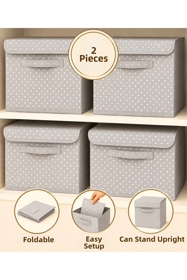 2 Pieces of Patterned Closet Organizer with Lid for Laundry and Toys, Foldable Storage Box with Lid 30X30X30