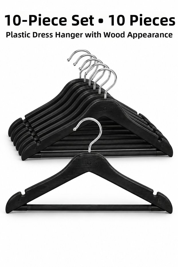 Noirwood Set of 10 Black Wood-Look Plastic Clothes Hangers – with Metal Hooks, Shoulder Notches, and Trouser Bars