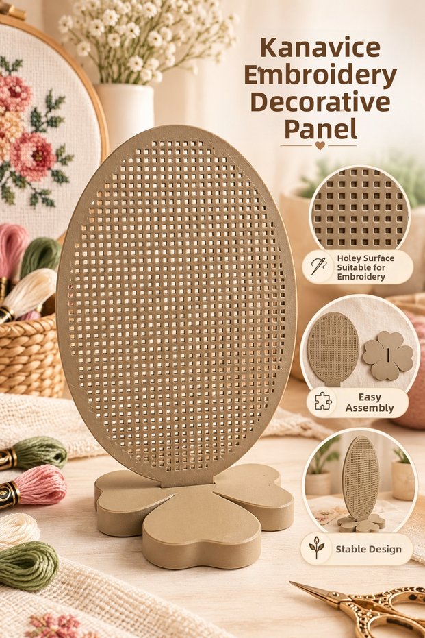 Workable Cross-Stitch Oval Board with Stand, Natural Wood Color, Clover-Legged Desktop Ornament