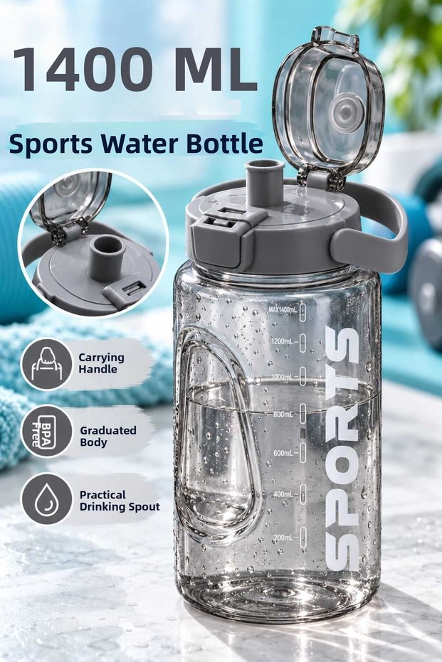 1400 ml Sports Water Bottle Bpa-Free, with Carrying Handle, Clear Body with Scale, Flip-Top Lid Water Bottle – for Sports, School, and Office