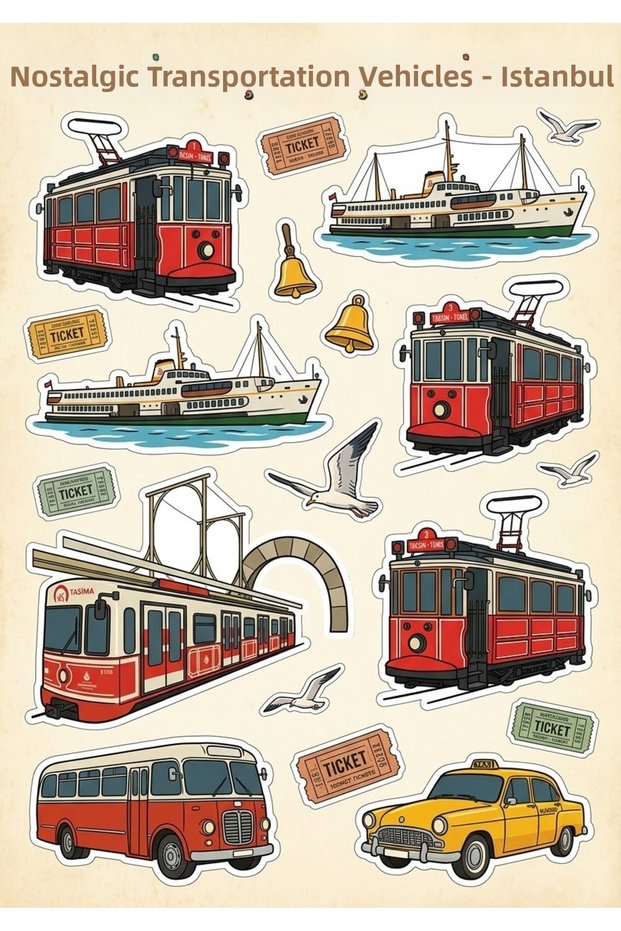 Istanbul Nostalgic Transportation Vehicles Sticker Set – Retro Tram and City Lines Steam Train Sticker