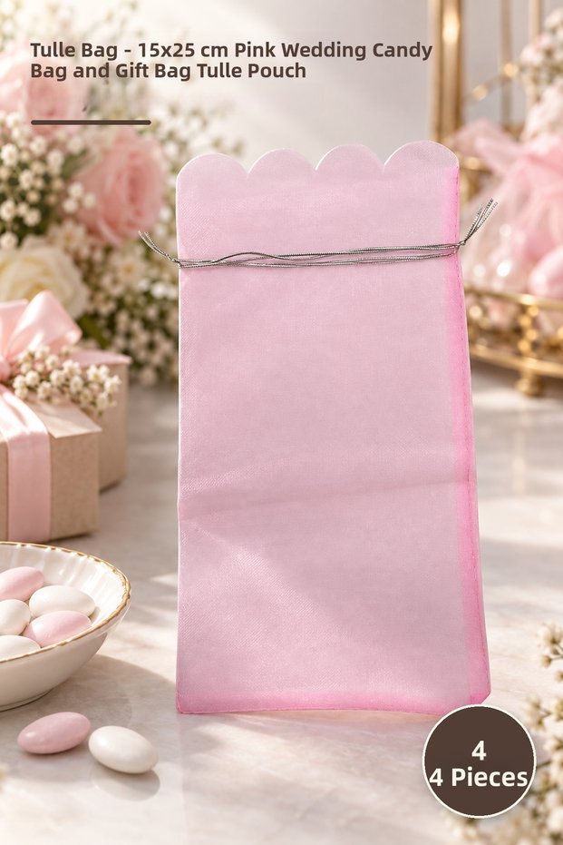 4 Pieces of Tulle Pouches – 15X25 cm Pink Wedding Candy Bag and Gift Pouch Tulle Pouch