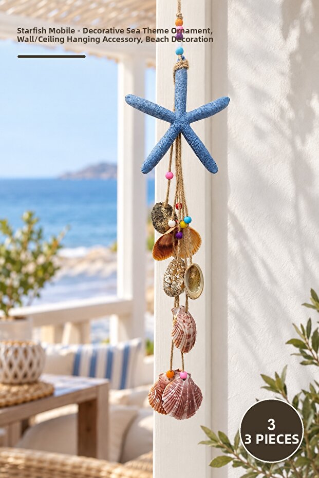 3 Pieces of Starfish Pendulum – Decorative Marine Themed Ornament, Hangable Wall/Ceiling Accessory, Starfish Mobile, Beach Ornament