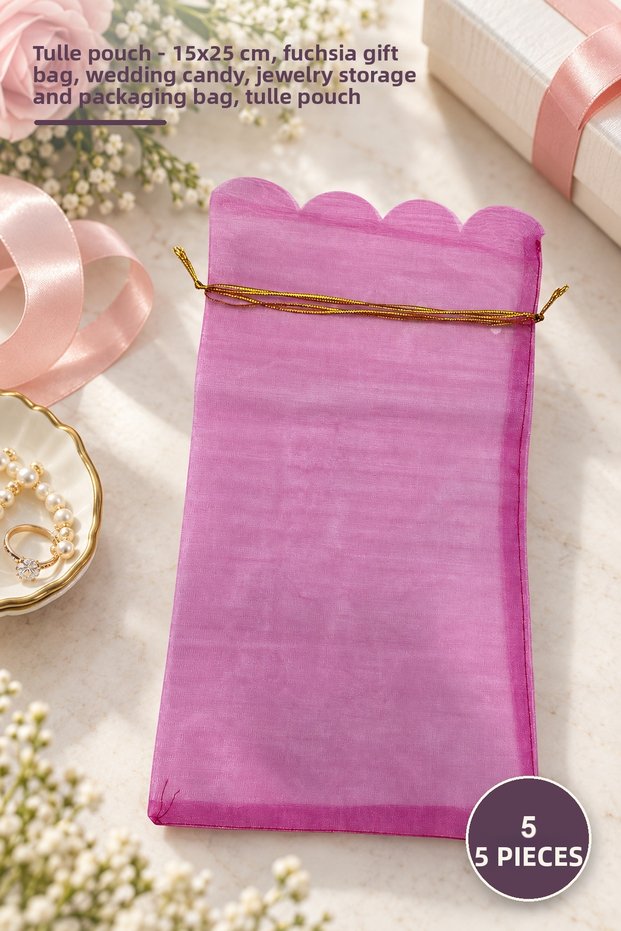 5 Pieces of Tulle Pouches – 15X25 cm Fuchsia Gift Pouch, Wedding Favors, Jewelry Storage and Packaging Bag, Tulle Pouch
