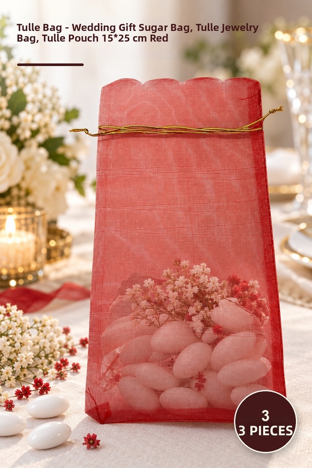 3 Pieces of Tulle Pouches – Gift Wedding Candy Bags, Tulle Jewelry Pouches, Tulle Pouches 15*25 cm Red