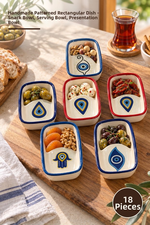 18 Pieces of Rectangular Snack Bowls – Handmade Patterned Serving Plate, Snack Bowl, Presentation Bowl, Snack Dish