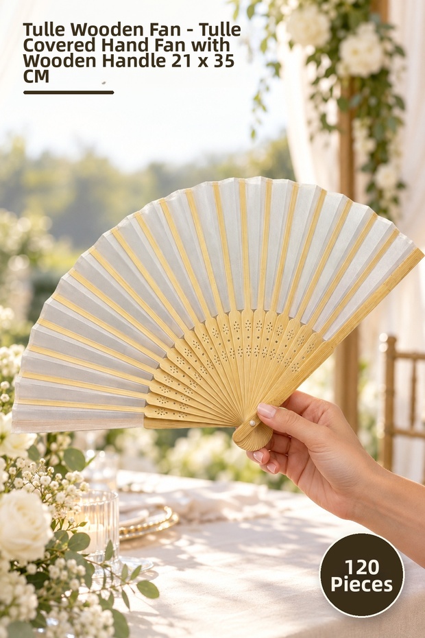 120 Pieces of Tulle Wooden Fans – Tulle Covered Hand Fan with Wooden Handle, 21 X 35 cm Size Fan Hand Fan
