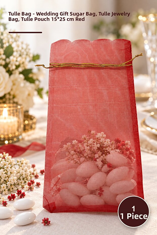 1 Piece Tulle Pouch – Gift Wedding Candy Bag, Tulle Jewelry Pouch, Tulle Pouch 15*25 cm Red