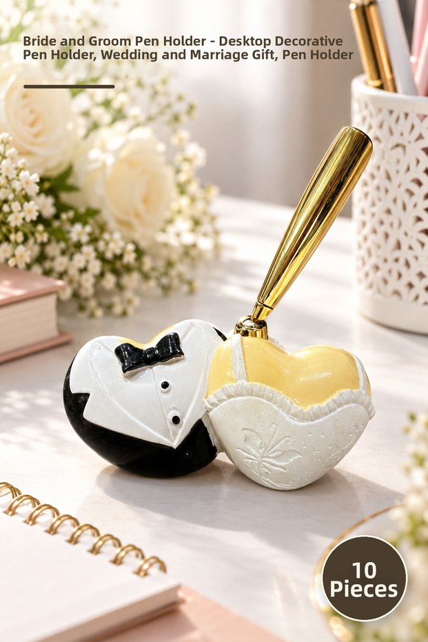 10 Pieces Bride and Groom Pen Holders – Desktop Decorative Pen Holder, Wedding and Marriage Gift, Pen Holder
