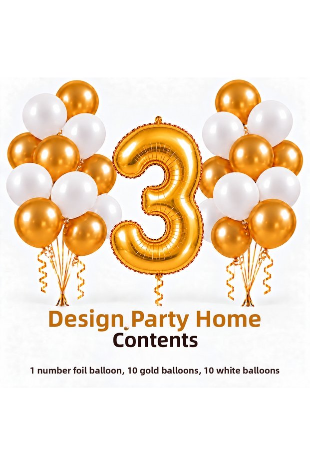 3-10 Years Old Gold White Birthday Balloon Set – Number Foil Balloon and 20 Latex Balloons