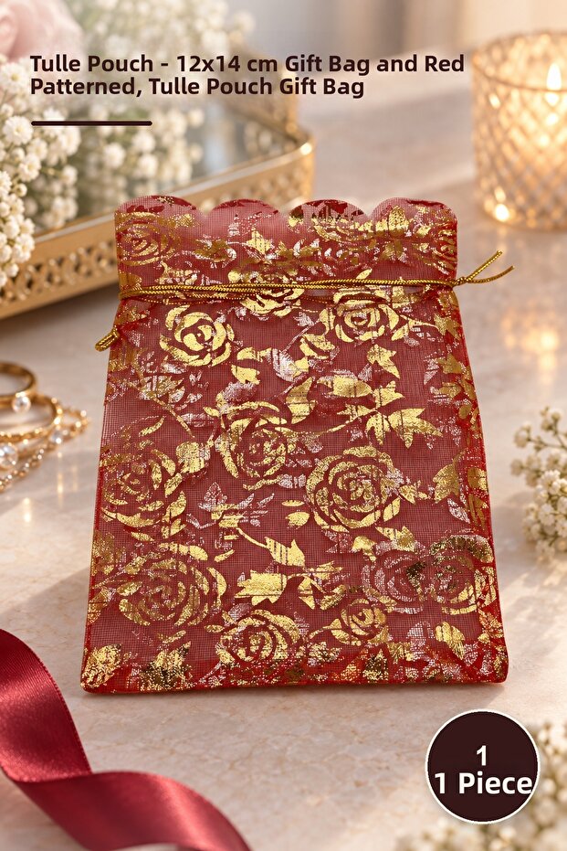 1 Piece Tulle Pouch – 12X14 cm Gift and Dowry Pouch with Red Pattern, Tulle Pouch Gift Bag