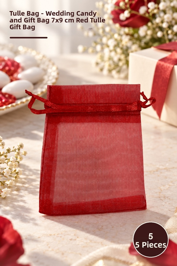 5 Pieces of Tulle Pouches – Wedding Candy and Gift Pouches 7X9 cm Red Tulle Bag Gift Bag Tulle Bag