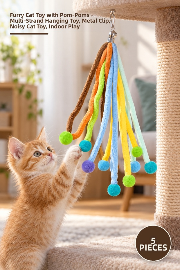 5 Pieces of Plush Cat Toy with Bells – Hanging Toy with Multiple Hanging Arms and Pom Poms, Metal Clip, Sound-Making Cat Toy, Indoor Play