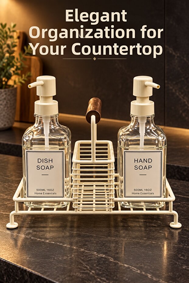 Duonest Glass Liquid Soap Dispenser and Detergent Dispenser Set with Stand 2 × 500 ml Countertop Organizer with Pump and Sponge Compartment