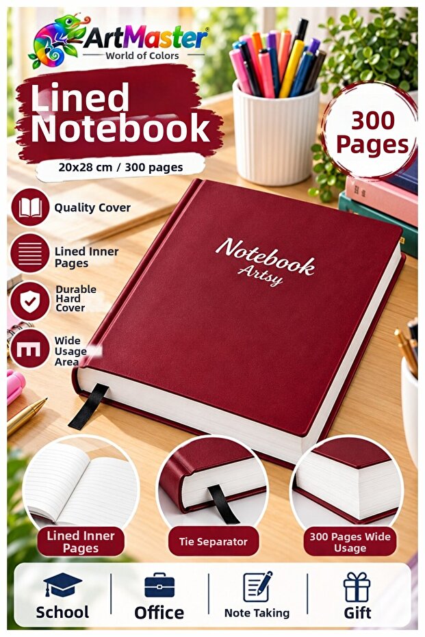 Burgundy Hardcover Lined Notebook 300 Sheets 20X28Cm 1 Piece Multi-Leaf Hard Cover Notepad Account Book School Office Stationery