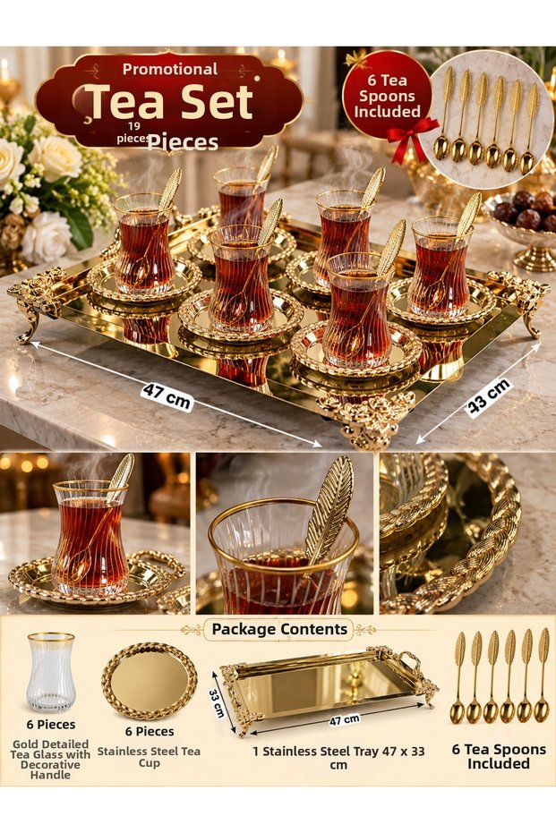 19-Piece Luxury Gold Tea Set – Real Gold Gilded Handcrafted Tea Set for 6 People & Stainless Presentation Tray