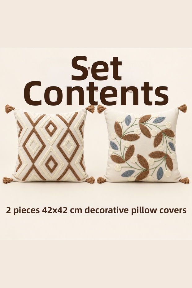 Geometric and Wreath Patterned Decorative Cushion Cover Set with Tassels and Hidden Zipper 42X42 cm