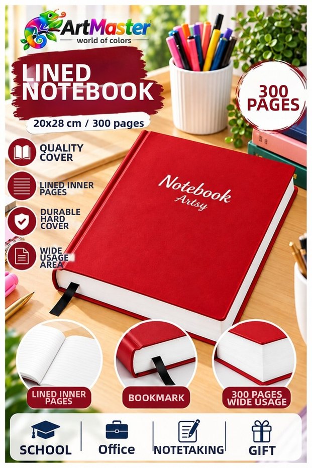 Red Bound Lined Notebook 300 Sheets 20X28Cm 1 Piece Multi-Leaf Hard Cover Note Account Book School Office Bureau