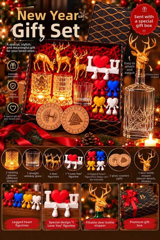 Led Rotating Glass Set New Year's Set Special Design New Year's Box with Deer I Love U Heart Figure