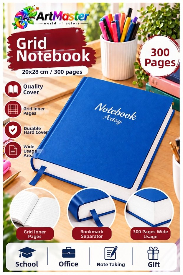 Blue Hardcover Checkered Notebook 300 Sheets 20X28Cm 1 Piece Multi-Leaf Hard Cover Note Account Book School Office Bureau