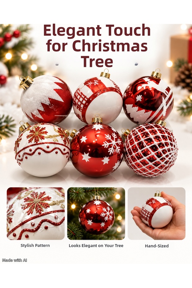 Set of 6 Red and White Christmas Tree Ornaments, Patterned Christmas Balls, Decorative Christmas Ornaments
