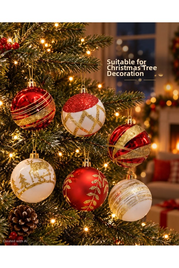 6-Piece Red White Gold Christmas Tree Ornaments – Patterned Christmas Ball Set, Decorative Christmas Ornaments