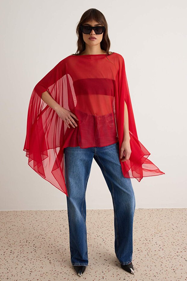 Red Plain Oversize Boat Neck Bat Sleeve Sleeveless Cape Tulle Knitted Blouse Twoss26Bz01039