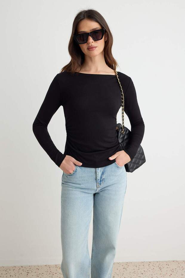 Black Fitted/Bodycon Backless Boat Neck Knitted Soft Blouse Twoaw27Bz00247
