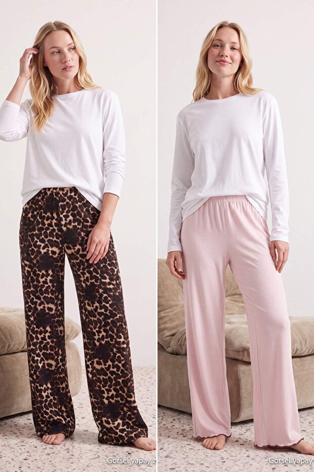 Çok Renkli 2'li Leopar Desenli Pamuk Karışımlı Likralı Örme Pijama Altı THMAW26PJ00005