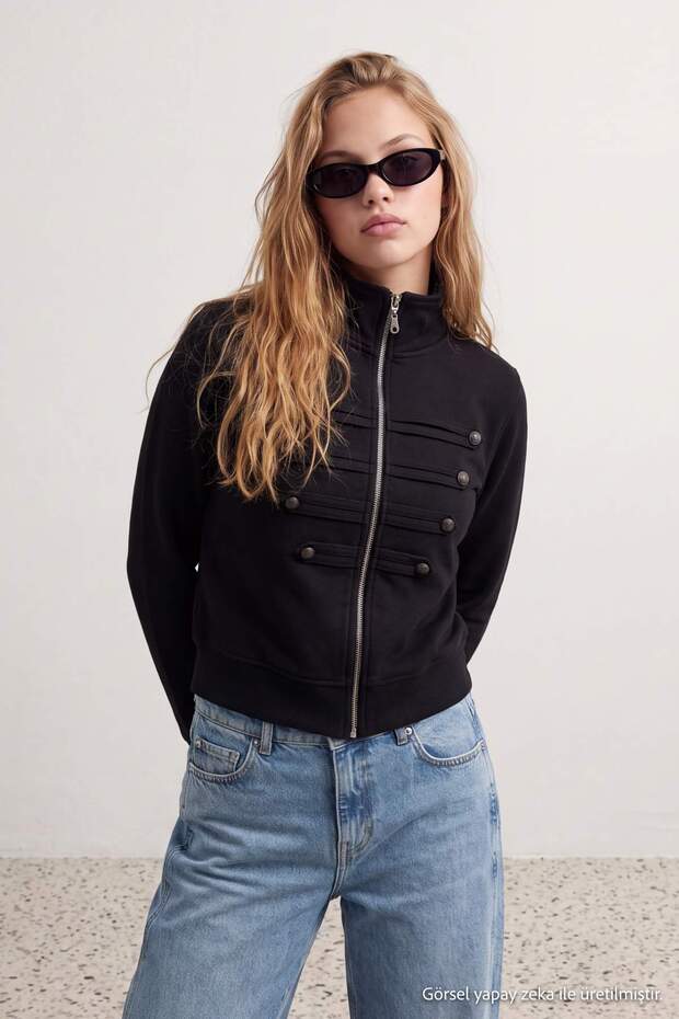 Siyah Fermuarlı Dik Yaka Mandarin Düğme Detaylı Regular Kalıp Örme Hırka/Sweatshirt TWOAW27SW00036
