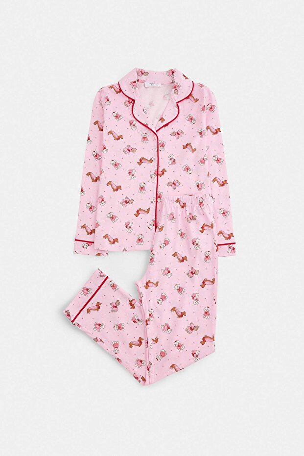 Pembe Kız Çocuk %100 Pamuk Köpek Desenli Biyeli Baskılı Anne-Kız Pijama Takımı TKDAW27PT00047