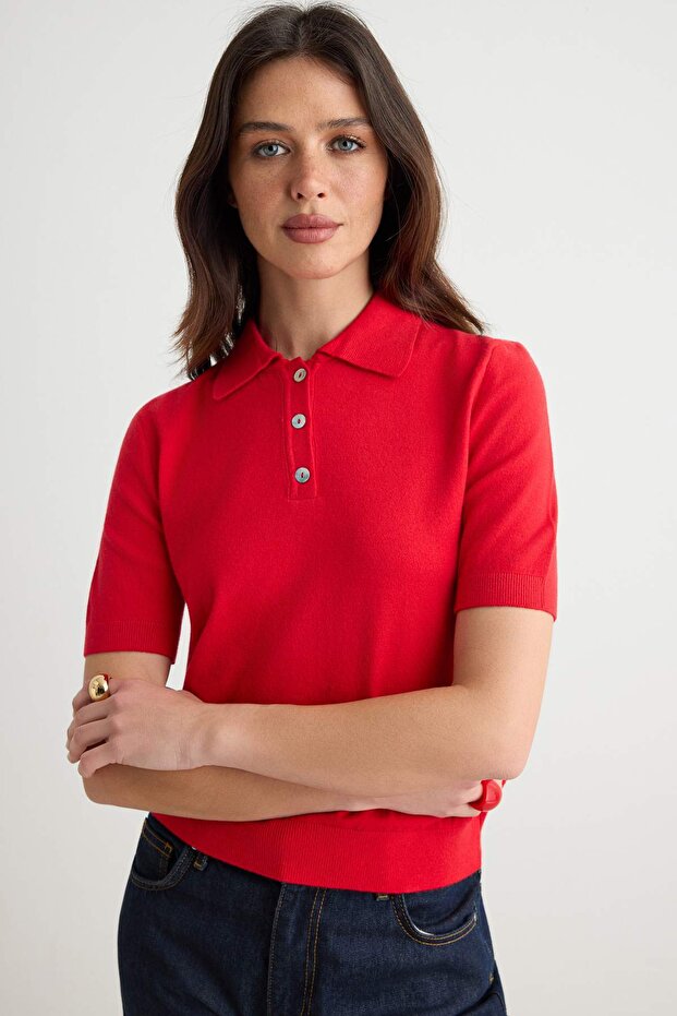 Kırmızı Premium İplik/Özel İplik Polo Yaka Triko Bluz TWOSS25BZ00184
