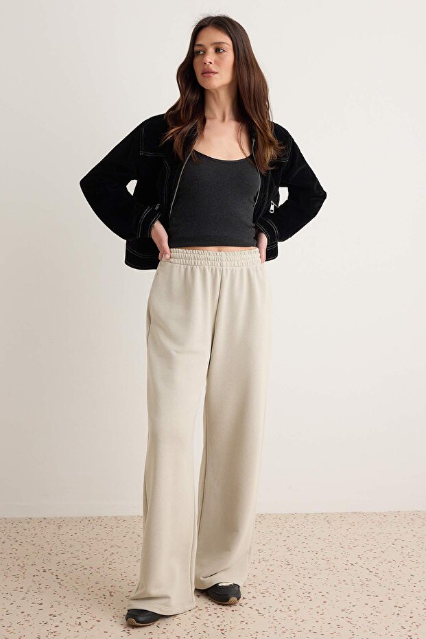 Taş Wide Leg/Wide Cut Double-Sided Folded Waist Detailed Knitted Thick Sweatpants Twoaw27Ea00021