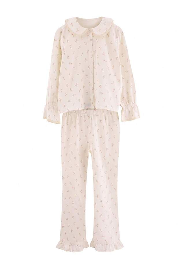 Ekru %100 Pamuklu Çiçekli Dantel Detaylı Bebe Yaka Müslin Dokuma Pijama Takımı THMAW27PT00245