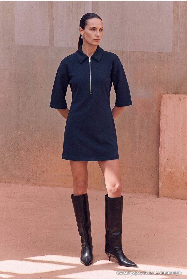 Lacivert Studio Collection A-line/Çan Form Polo yaka Fermuarlı Midi Örme Elbise TWOAW27EL00220
