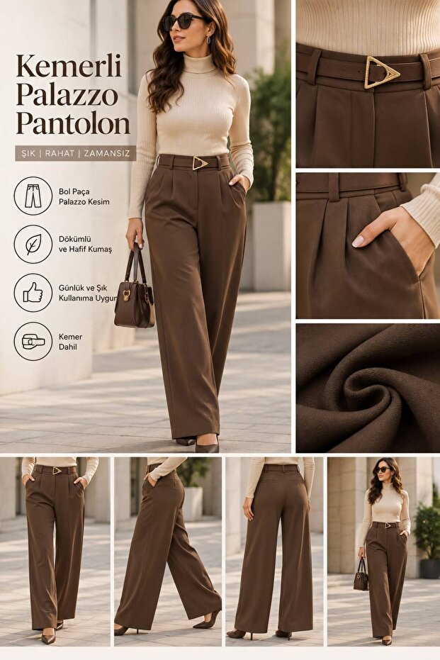 High Waist Belted Palazzo Cut Women's Trousers