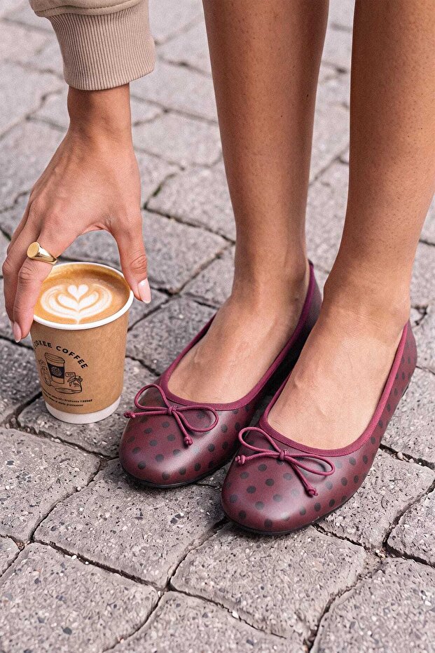 Burgundy Color Polka Dot Patterned Round Toe Women's Ballerinas