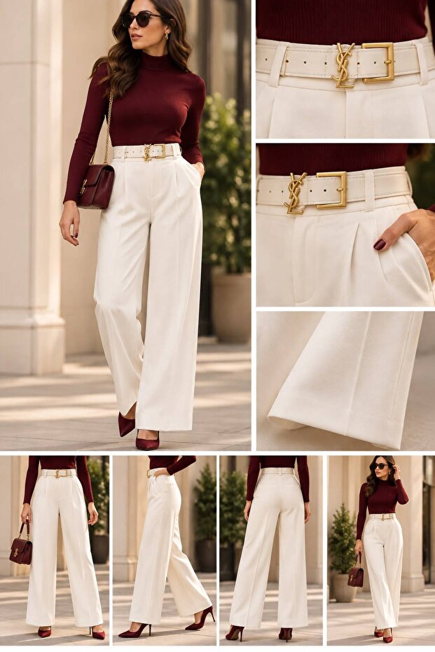 High Waist Belted Palazzo Cut Women's Trousers