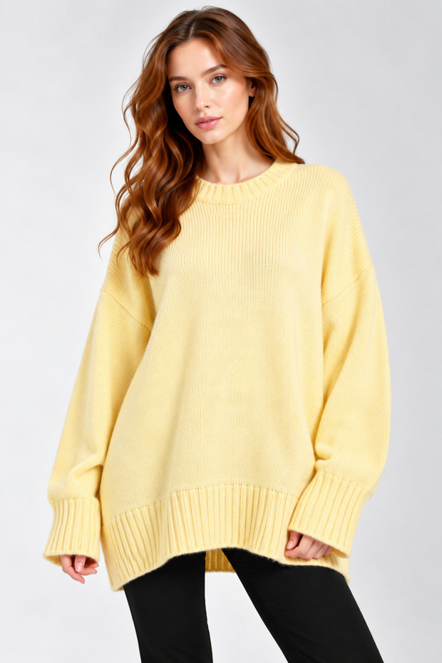 Oversize Basic Yellow Long Women's Sweater
