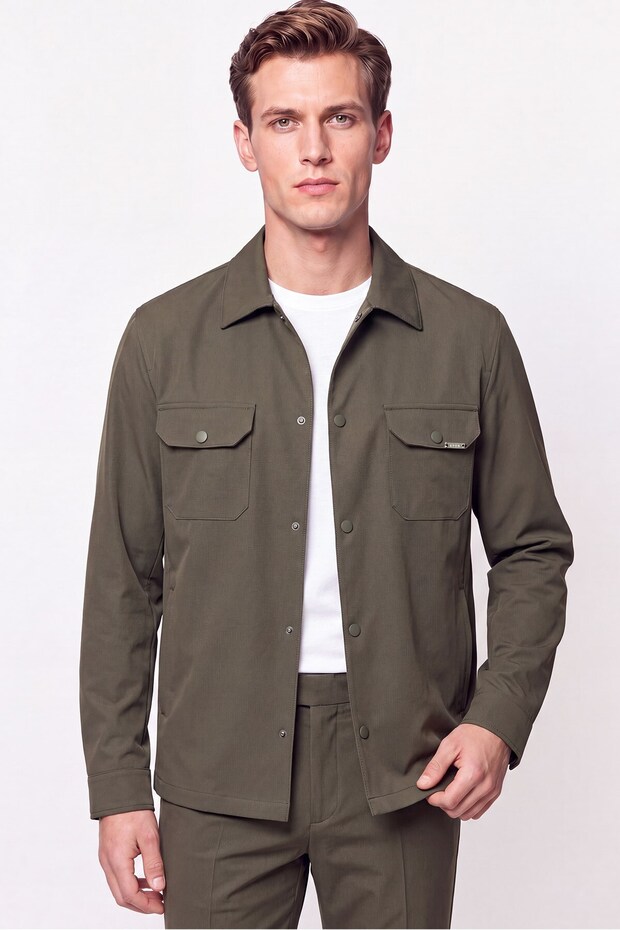 Comfort Fit Side Pockets Flexible Cotton Snap Fasteners Khaki Shirt Jacket C 736