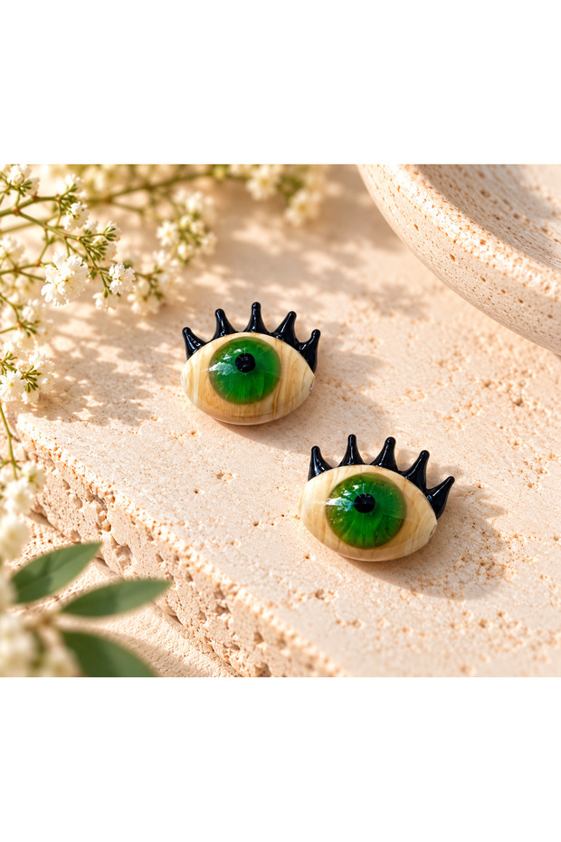 Handmade Murano Glass Green Eye Evil Eye Beads with Eyelashes – Lampwork Jewelry Making Bead (2 Pieces)
